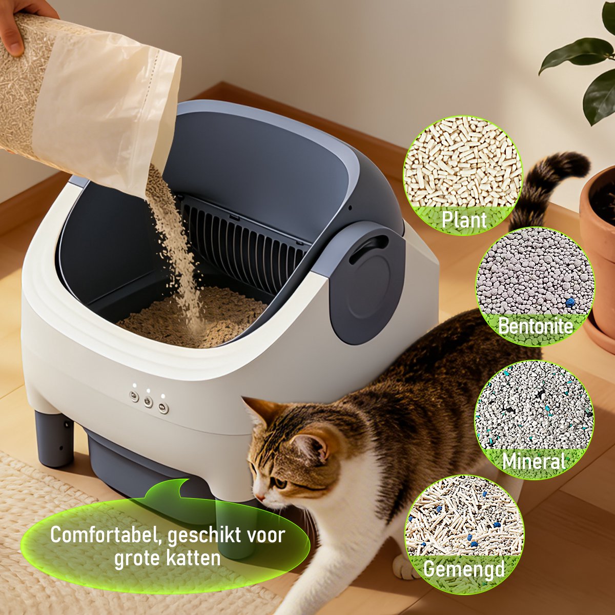 Miniatuur van productfoto 2 van Automatische Kattenbak XXL- 76L - Zelfreinigend – Electrische Kattenbak - Bedienen via App - incl stekkeradapter en 3 rollen opvangzakjes - Incl. Kattenbakmat