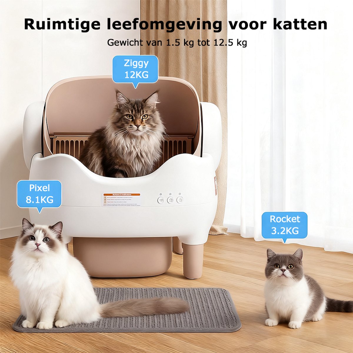Miniatuur van productfoto 4 van Automatische Kattenbak XXL- 76L - Zelfreinigend – Electrische Kattenbak - Bedienen via App - incl stekkeradapter en 3 rollen opvangzakjes - Incl. Kattenbakmat