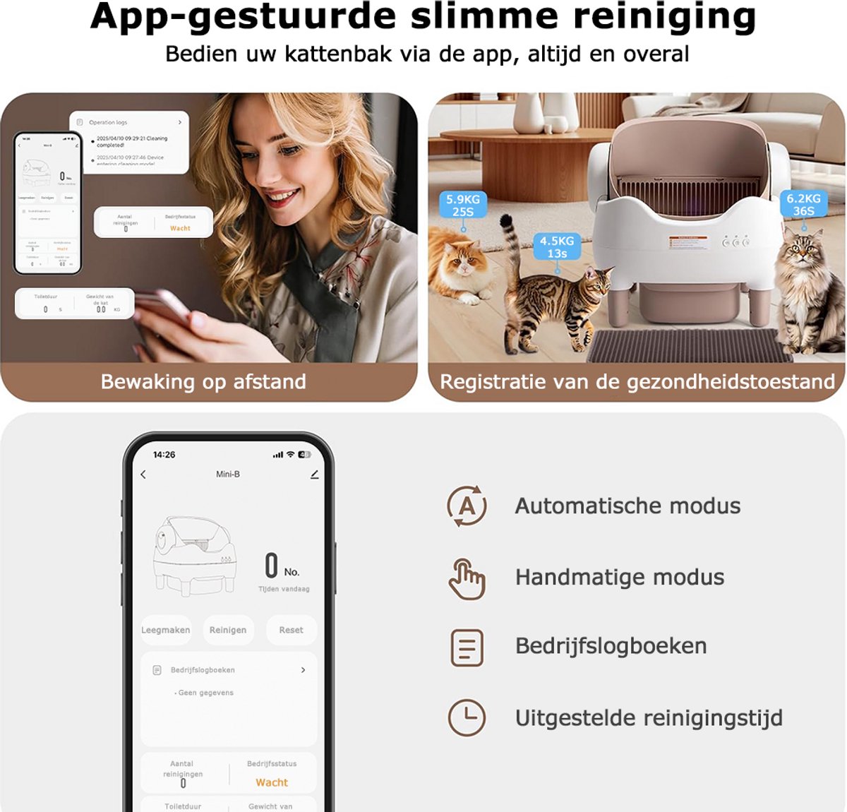 Miniatuur van productfoto 5 van Automatische Kattenbak XXL- 76L - Zelfreinigend – Electrische Kattenbak - Bedienen via App - incl stekkeradapter en 3 rollen opvangzakjes - Incl. Kattenbakmat