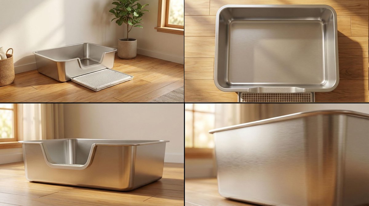 Miniatuur van productfoto 2 van Epochglo Massief RVS Kattenbak XXL met Zeef - 60x40x20cm - RVS Toilet voor Grote Katten - Hoge Rand & Lage Instap - Geurvrij & Hygiënisch - Kras Bestendig Kattenbakken