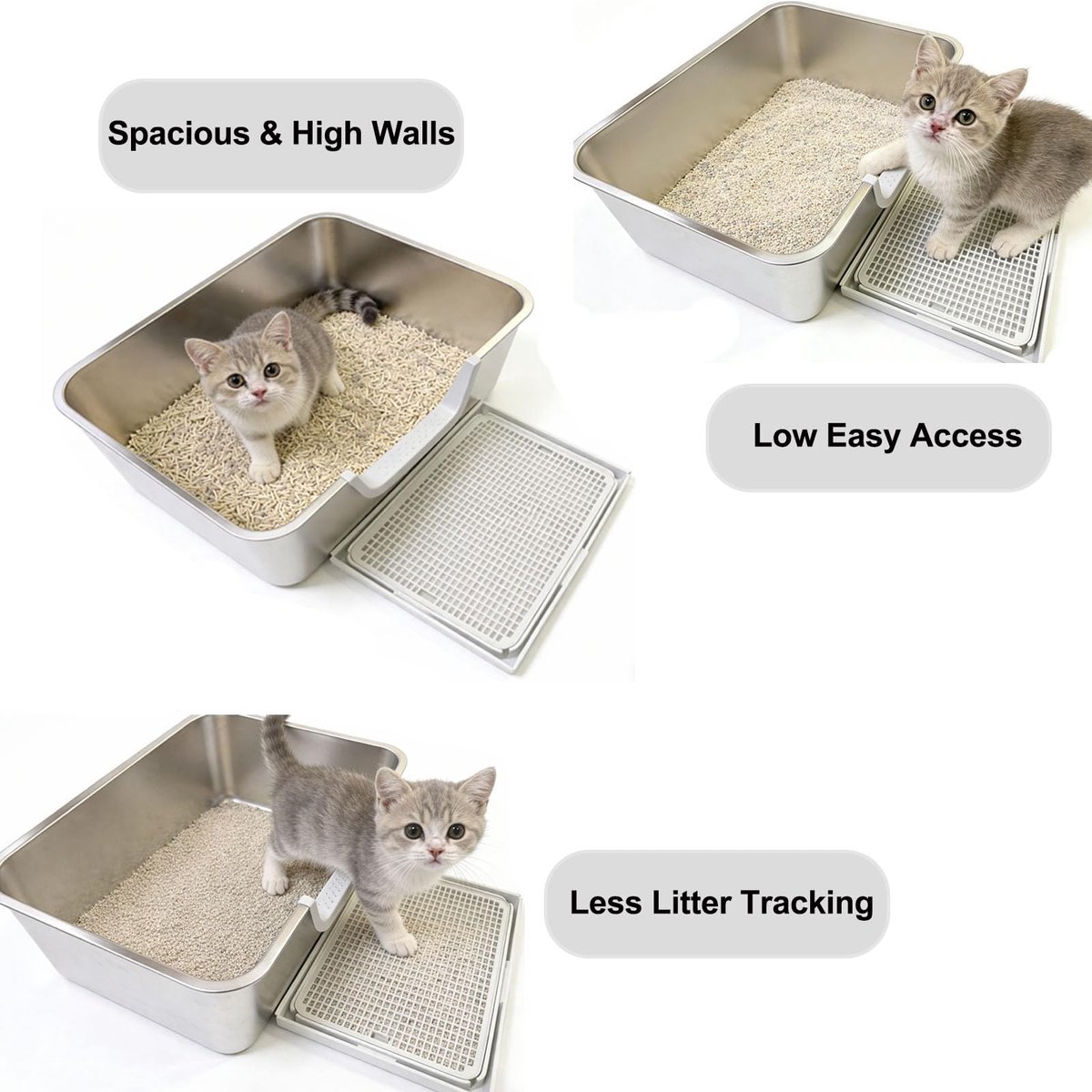Miniatuur van productfoto 3 van Epochglo Massief RVS Kattenbak XXL met Zeef - 60x40x20cm - RVS Toilet voor Grote Katten - Hoge Rand & Lage Instap - Geurvrij & Hygiënisch - Kras Bestendig Kattenbakken