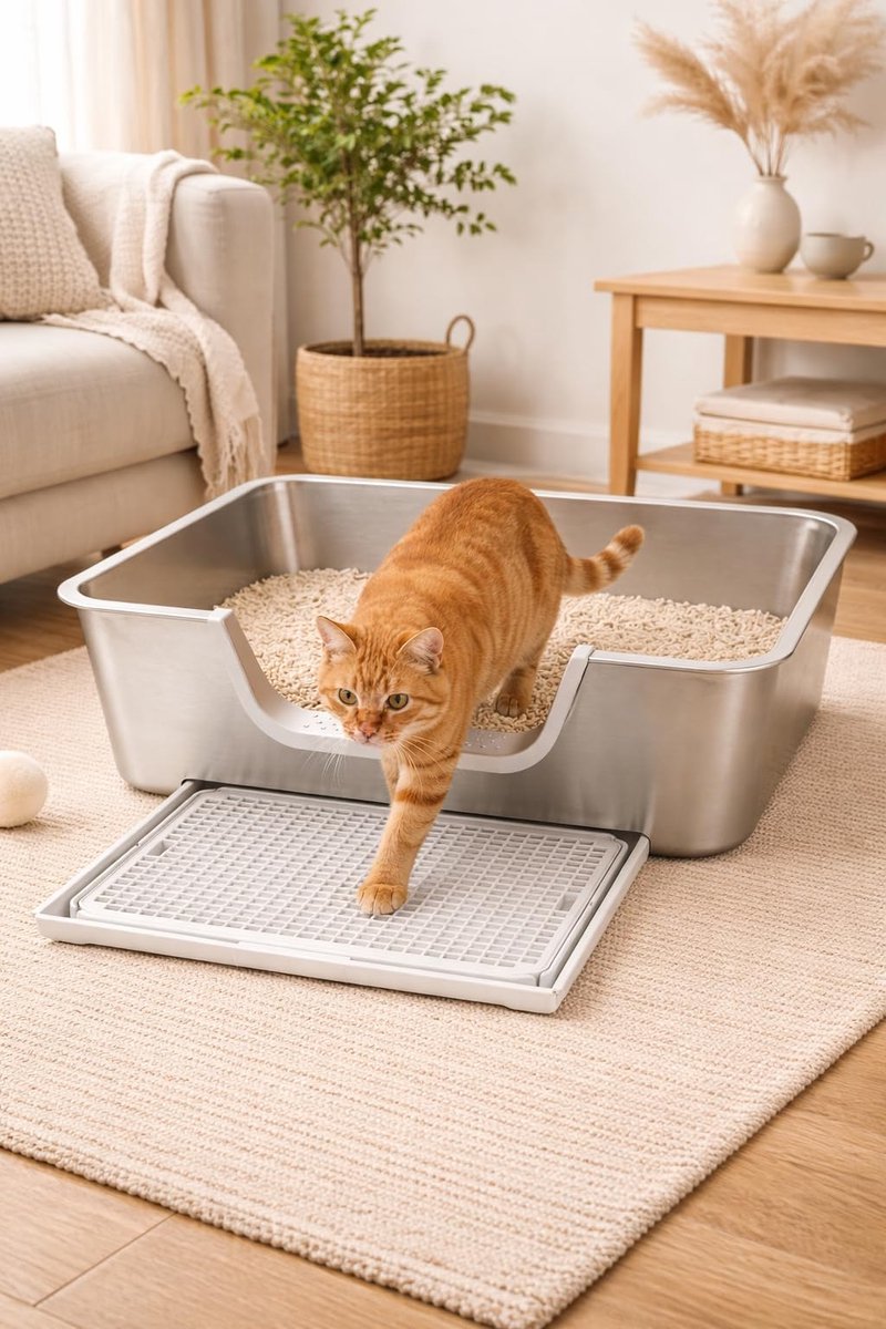 Miniatuur van productfoto 4 van Epochglo Massief RVS Kattenbak XXL met Zeef - 60x40x20cm - RVS Toilet voor Grote Katten - Hoge Rand & Lage Instap - Geurvrij & Hygiënisch - Kras Bestendig Kattenbakken