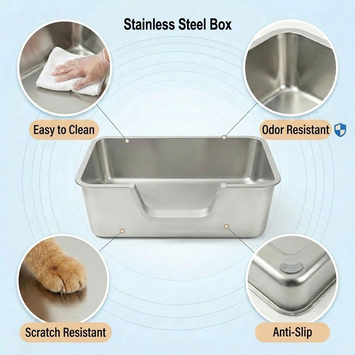 Miniatuur van productfoto 6 van Epochglo Massief RVS Kattenbak XXL met Zeef - 60x40x20cm - RVS Toilet voor Grote Katten - Hoge Rand & Lage Instap - Geurvrij & Hygiënisch - Kras Bestendig Kattenbakken