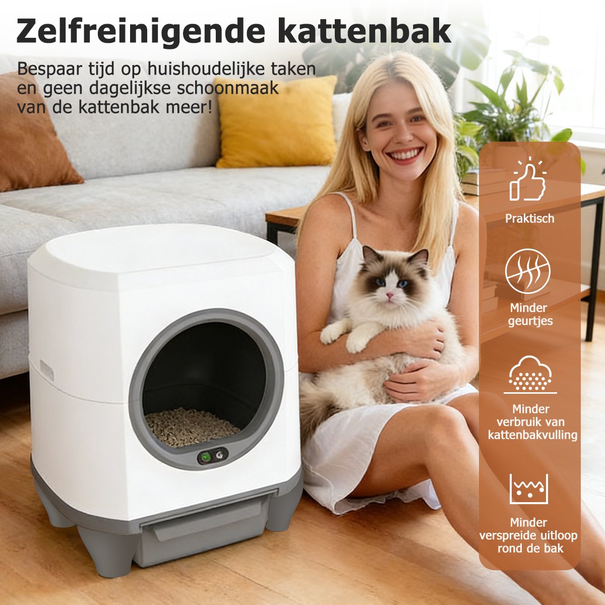 Miniatuur van productfoto 2 van Automatische Kattenbak XXL 80L - Grote Capaciteit Zelfreinigende Electrische Kattenbak - Bedienen via App - Incl stekkeradapter en 1 rollen opvangzakjes - Incl. Kattenbakmat