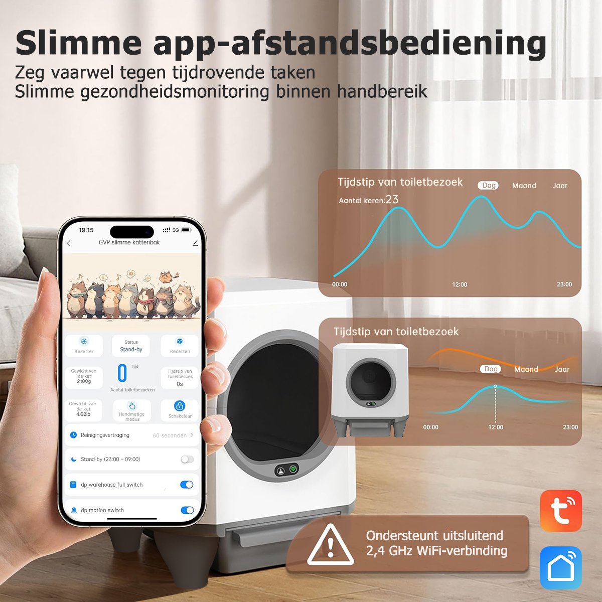 Miniatuur van productfoto 3 van Automatische Kattenbak XXL 80L - Grote Capaciteit Zelfreinigende Electrische Kattenbak - Bedienen via App - Incl stekkeradapter en 1 rollen opvangzakjes - Incl. Kattenbakmat