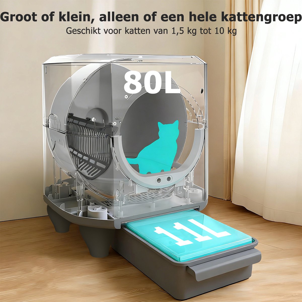 Miniatuur van productfoto 5 van Automatische Kattenbak XXL 80L - Grote Capaciteit Zelfreinigende Electrische Kattenbak - Bedienen via App - Incl stekkeradapter en 1 rollen opvangzakjes - Incl. Kattenbakmat