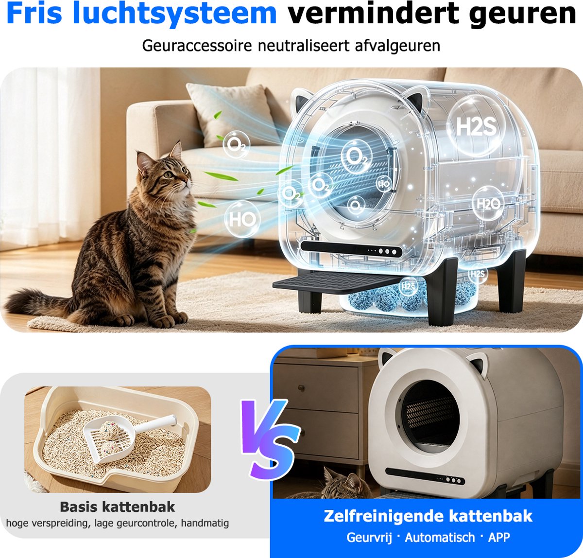 Miniatuur van productfoto 2 van Automatische Kattenbak XXL - Zelfreinigend Electrische Kattenbak - Bedienen via App - 90L + 11L - Incl stekkeradapter en 3 rollen Kattenbakzakken - Slimme Waarschuwing - Gezondheidsbewaking - Incl. Kattenbakmat