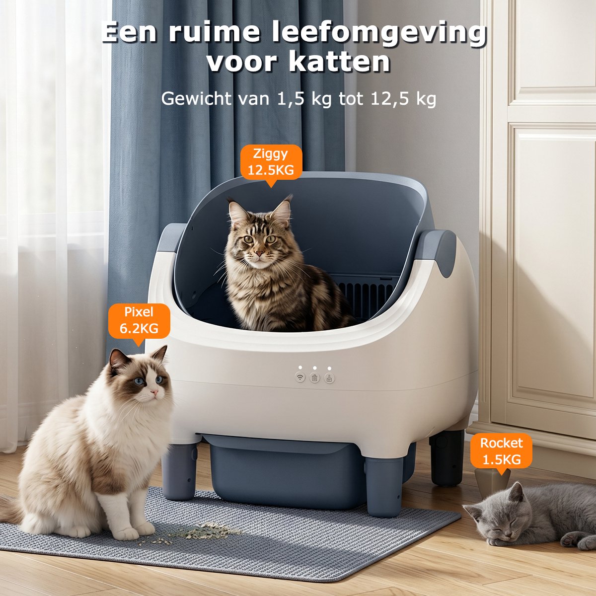 Miniatuur van productfoto 3 van Automatische Kattenbak XXL- 76L - Zelfreinigend Electrische Kattenbak - Bedienen via App - incl stekkeradapter en 3 rollen opvangzakjes - Slimme Waarschuwing - Gezondheidsbewaking - Incl. Kattenbakmat