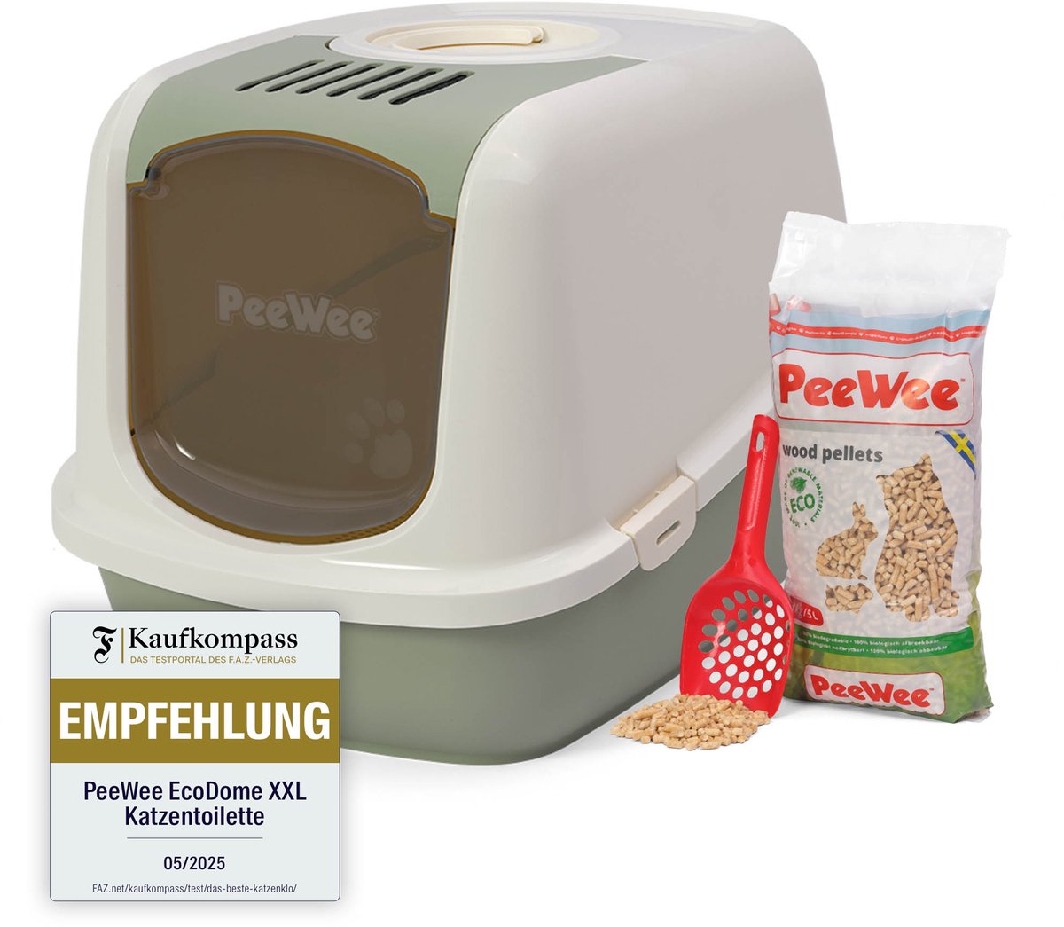 Productfoto 1 van Peewee grote XXL kattenbak systeem Ecodome startpakket - in een nieuwe trendy pastelkleur salie groen / crème - incl. Peewee korrels + schepje – 66,5 x 48,5 x 46,5 cm