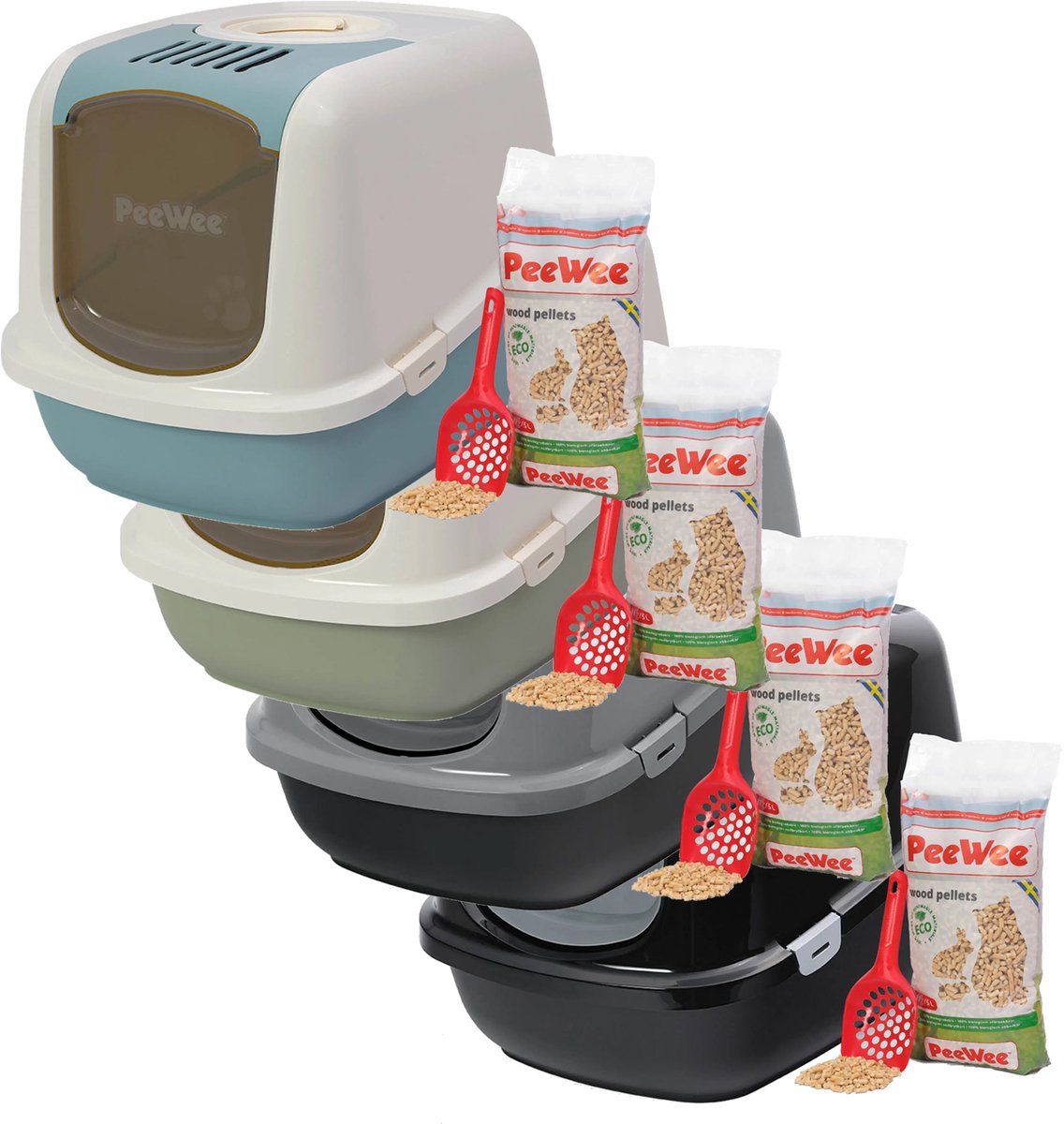 Miniatuur van productfoto 2 van Peewee grote XXL kattenbak systeem Ecodome startpakket - in een nieuwe trendy pastelkleur salie groen / crème - incl. Peewee korrels + schepje – 66,5 x 48,5 x 46,5 cm