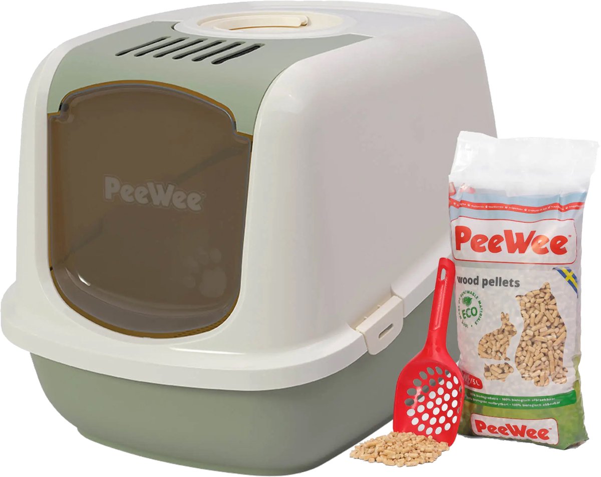 Miniatuur van productfoto 4 van Peewee grote XXL kattenbak systeem Ecodome startpakket - in een nieuwe trendy pastelkleur marlin blau / crème - incl. Peewee korrels + schepje – 66,5 x 48,5 x 46,5 cm