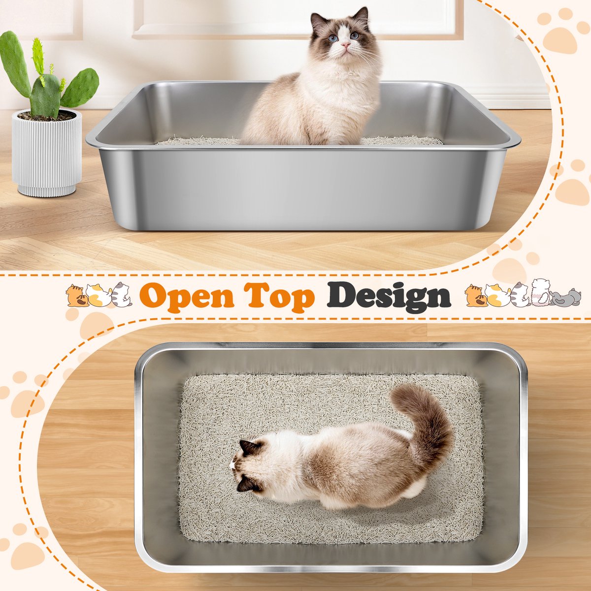 Miniatuur van productfoto 2 van Nobleza Kattenbak XXXL RVS - 70x50x15 cm - Grote Kattenbak voor Grote Katten & Maine Coon - Roestvrijstalen Kattenbak met Hoge Rand