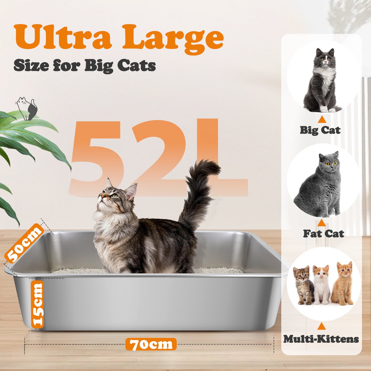 Miniatuur van productfoto 3 van Nobleza Kattenbak XXXL RVS - 70x50x15 cm - Grote Kattenbak voor Grote Katten & Maine Coon - Roestvrijstalen Kattenbak met Hoge Rand