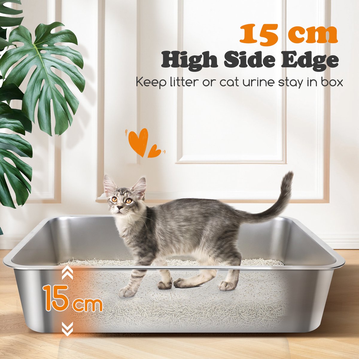 Miniatuur van productfoto 6 van Nobleza Kattenbak XXXL RVS - 70x50x15 cm - Grote Kattenbak voor Grote Katten & Maine Coon - Roestvrijstalen Kattenbak met Hoge Rand