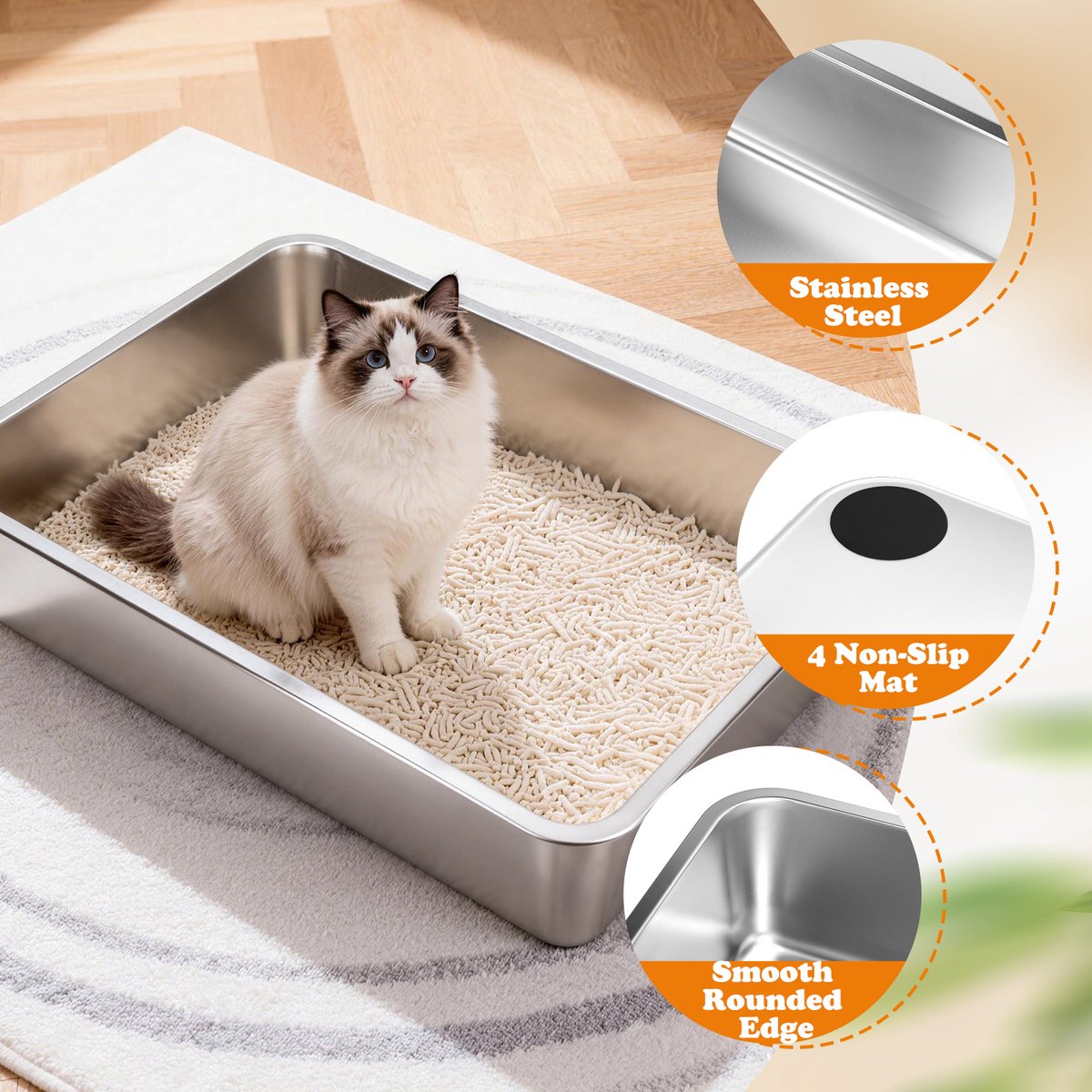 Miniatuur van productfoto 7 van Nobleza Kattenbak XXXL RVS - 70x50x15 cm - Grote Kattenbak voor Grote Katten & Maine Coon - Roestvrijstalen Kattenbak met Hoge Rand
