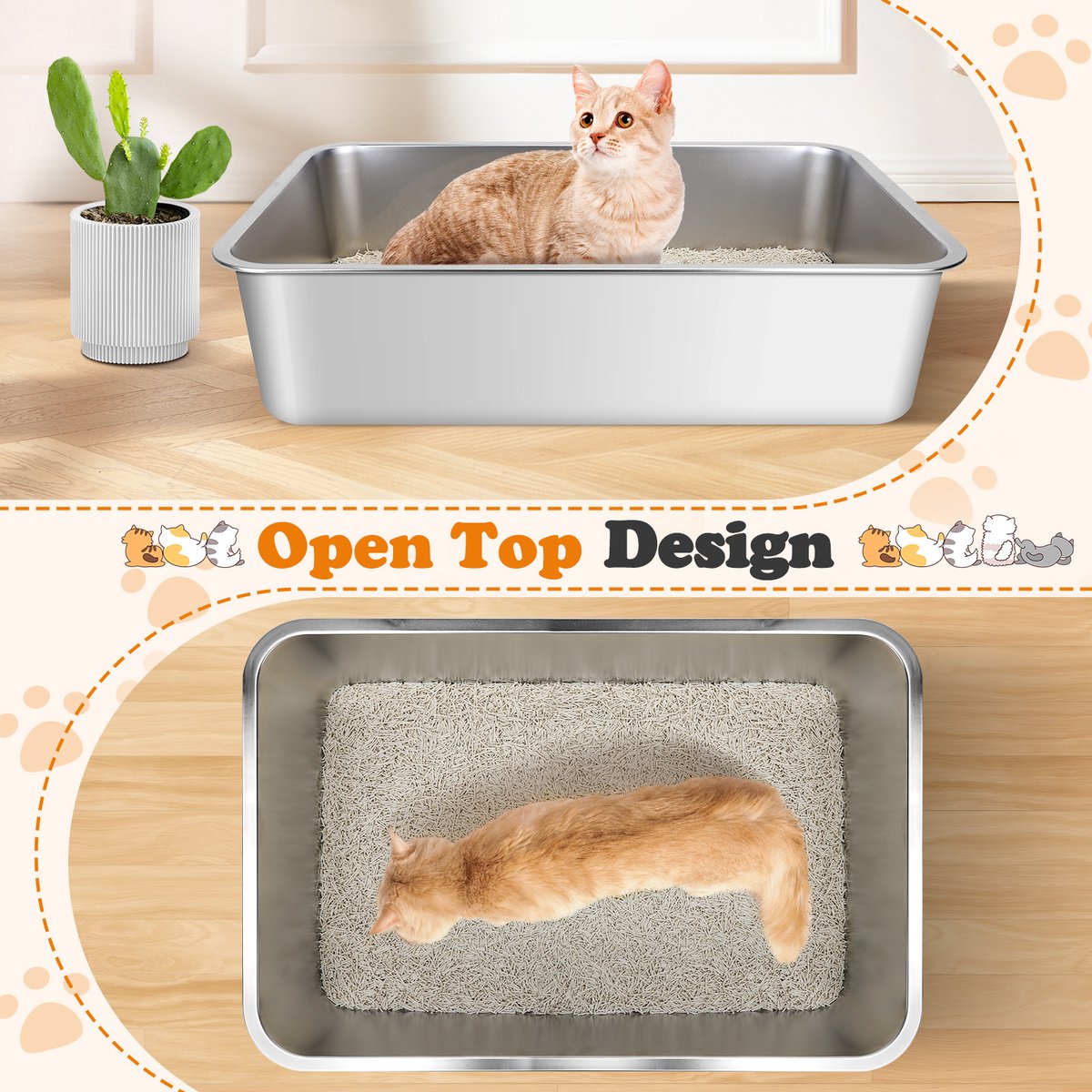 Miniatuur van productfoto 2 van Nobleza RVS Kattenbak XXL - Kattentoilet Roestvrijstaal - Grote Kattenbak van RVS - Open Kattenbak - 60x40x15cm