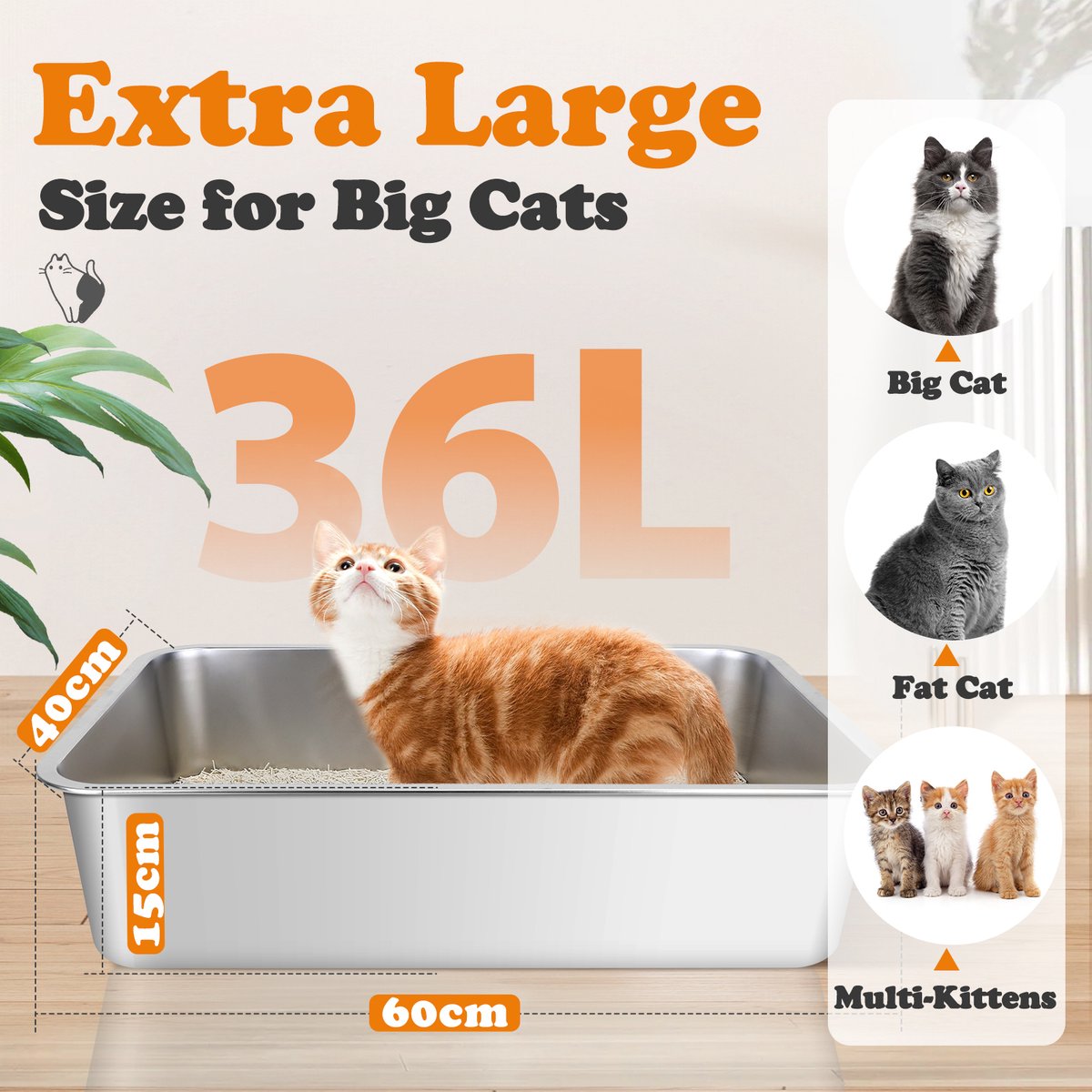 Miniatuur van productfoto 3 van Nobleza RVS Kattenbak XXL - Kattentoilet Roestvrijstaal - Grote Kattenbak van RVS - Open Kattenbak - 60x40x15cm