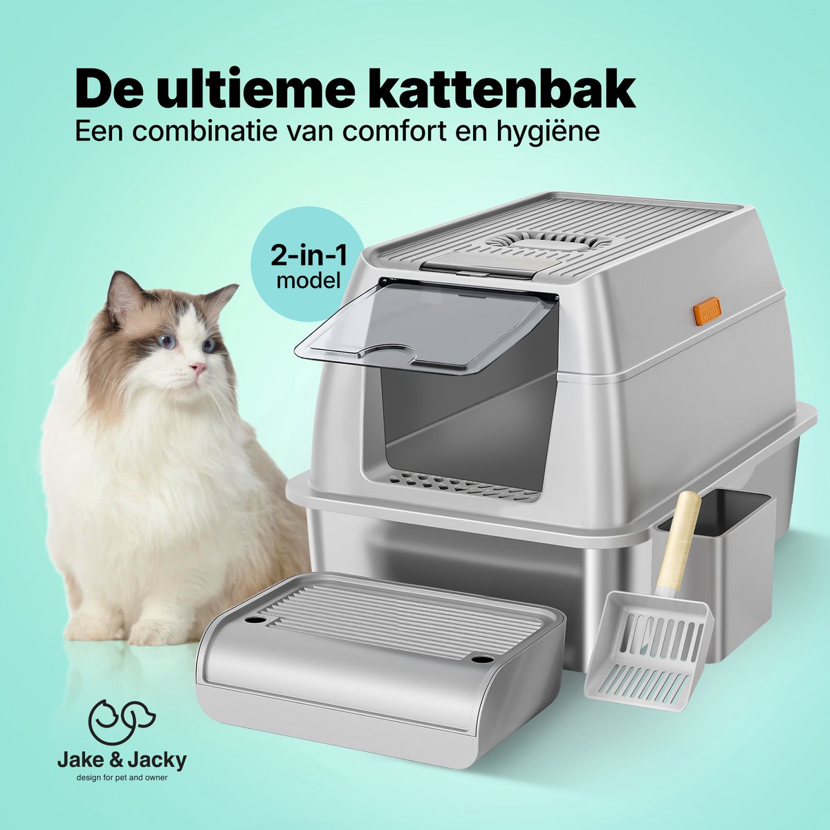 Productfoto 1 van Jake and Jacky RVS Kattenbak - Kattentoilet Roestvrijstaal - Incl. Kattenbakschep met Houder en Gritopvang Opstapje - 2 in 1 Open Kattenbak met Afneembare Deksel - 60x40x38cm - Grijs