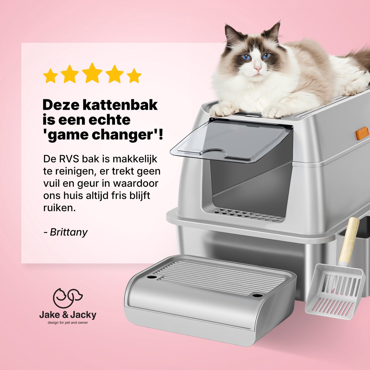 Miniatuur van productfoto 10 van Jake and Jacky RVS Kattenbak - Kattentoilet Roestvrijstaal - Incl. Kattenbakschep met Houder en Gritopvang Opstapje - 2 in 1 Open Kattenbak met Afneembare Deksel - 60x40x38cm - Grijs