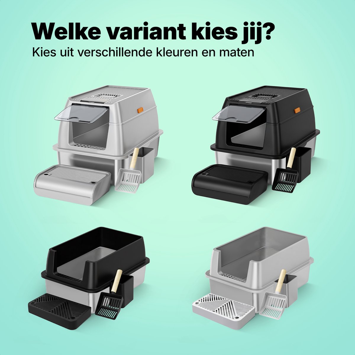 Miniatuur van productfoto 12 van Jake and Jacky RVS Kattenbak - Kattentoilet Roestvrijstaal - Incl. Kattenbakschep met Houder en Gritopvang Opstapje - 2 in 1 Open Kattenbak met Afneembare Deksel - 60x40x38cm - Grijs
