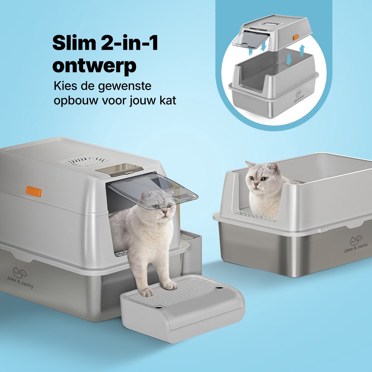 Miniatuur van productfoto 2 van Jake and Jacky RVS Kattenbak - Kattentoilet Roestvrijstaal - Incl. Kattenbakschep met Houder en Gritopvang Opstapje - 2 in 1 Open Kattenbak met Afneembare Deksel - 60x40x38cm - Grijs