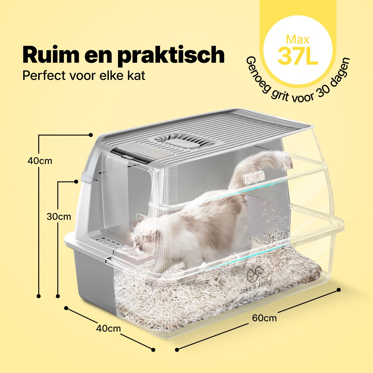 Miniatuur van productfoto 4 van Jake and Jacky RVS Kattenbak - Kattentoilet Roestvrijstaal - Incl. Kattenbakschep met Houder en Gritopvang Opstapje - 2 in 1 Open Kattenbak met Afneembare Deksel - 60x40x38cm - Grijs