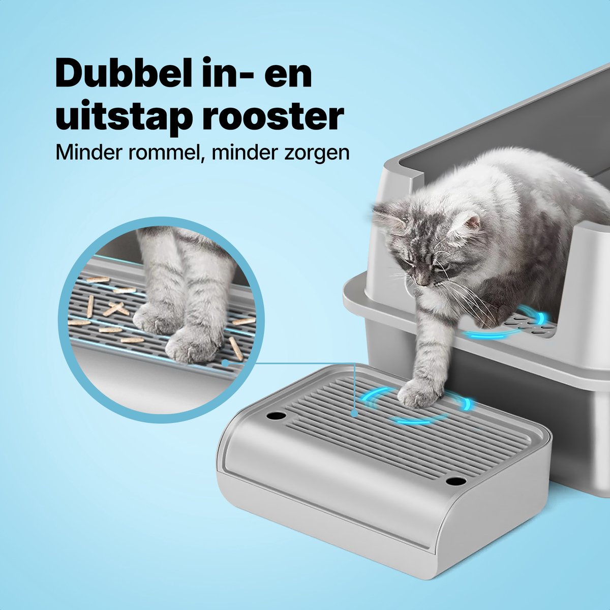 Miniatuur van productfoto 8 van Jake and Jacky RVS Kattenbak - Kattentoilet Roestvrijstaal - Incl. Kattenbakschep met Houder en Gritopvang Opstapje - 2 in 1 Open Kattenbak met Afneembare Deksel - 60x40x38cm - Grijs