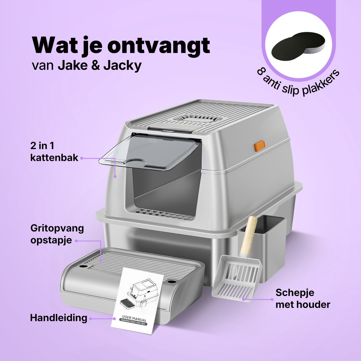 Miniatuur van productfoto 9 van Jake and Jacky RVS Kattenbak - Kattentoilet Roestvrijstaal - Incl. Kattenbakschep met Houder en Gritopvang Opstapje - 2 in 1 Open Kattenbak met Afneembare Deksel - 60x40x38cm - Grijs