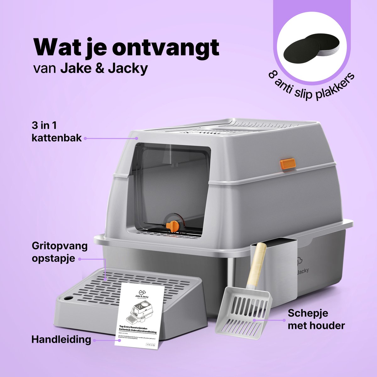 Miniatuur van productfoto 12 van Jake and Jacky RVS Kattenbak Hop In - Kattentoilet Roestvrijstaal - Incl. Kattenbakschep met Houder en Gritopvang Opstapje - Top Entry - 3 in 1 Open Kattenbak met Afneembare Deksel - 60x40x38cm - Grijs