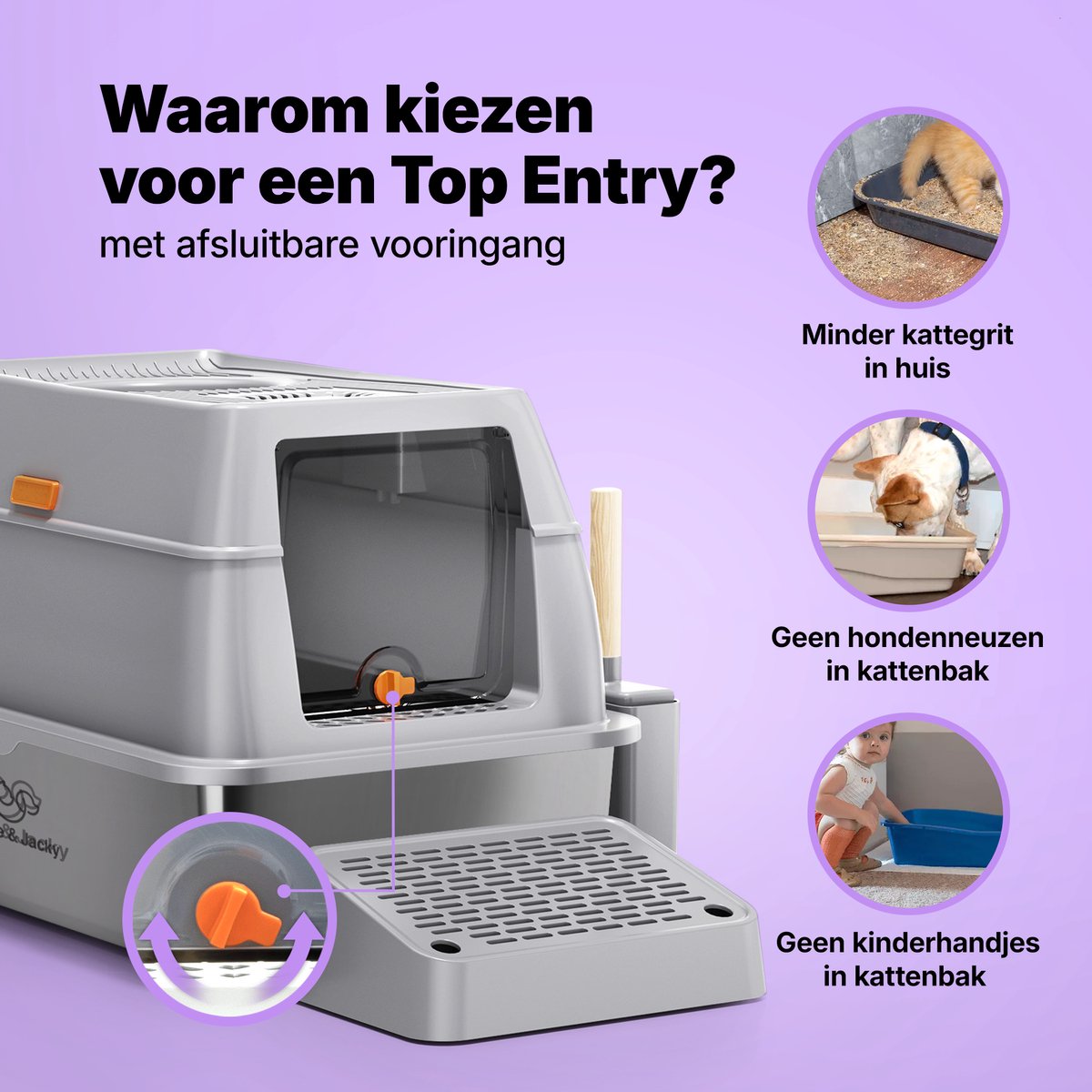 Miniatuur van productfoto 2 van Jake and Jacky RVS Kattenbak Hop In - Kattentoilet Roestvrijstaal - Incl. Kattenbakschep met Houder en Gritopvang Opstapje - Top Entry - 3 in 1 Open Kattenbak met Afneembare Deksel - 60x40x38cm - Grijs