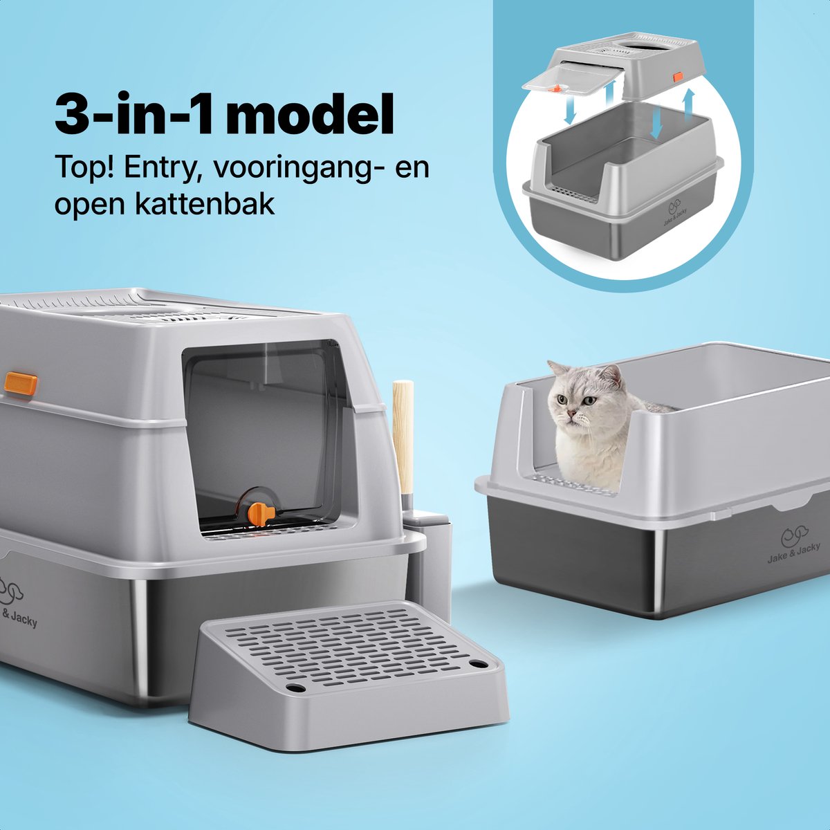 Miniatuur van productfoto 3 van Jake and Jacky RVS Kattenbak Hop In - Kattentoilet Roestvrijstaal - Incl. Kattenbakschep met Houder en Gritopvang Opstapje - Top Entry - 3 in 1 Open Kattenbak met Afneembare Deksel - 60x40x38cm - Grijs