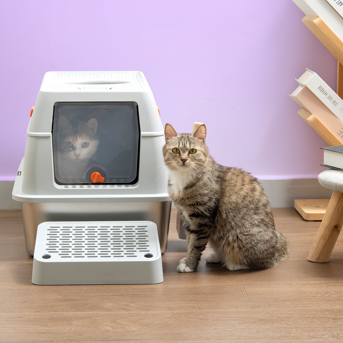 Miniatuur van productfoto 6 van Jake and Jacky RVS Kattenbak Hop In - Kattentoilet Roestvrijstaal - Incl. Kattenbakschep met Houder en Gritopvang Opstapje - Top Entry - 3 in 1 Open Kattenbak met Afneembare Deksel - 60x40x38cm - Grijs