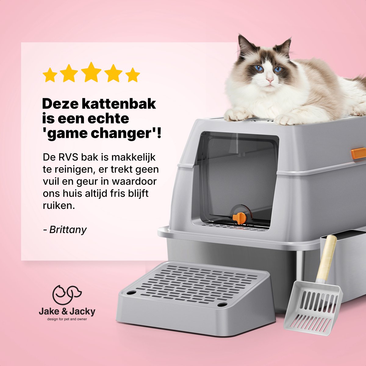 Miniatuur van productfoto 8 van Jake and Jacky RVS Kattenbak Hop In - Kattentoilet Roestvrijstaal - Incl. Kattenbakschep met Houder en Gritopvang Opstapje - Top Entry - 3 in 1 Open Kattenbak met Afneembare Deksel - 60x40x38cm - Grijs