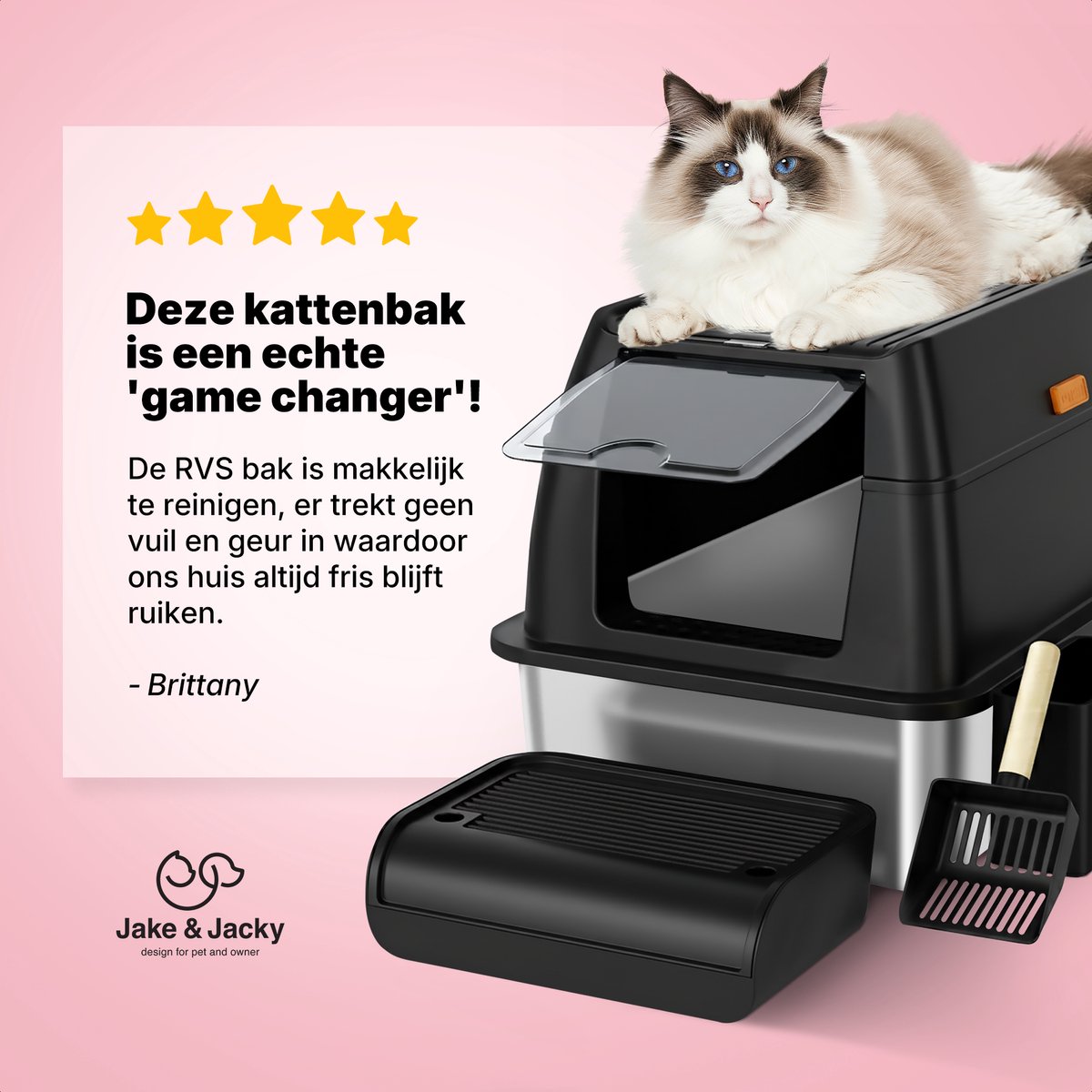 Miniatuur van productfoto 10 van Jake and Jacky RVS Kattenbak - Kattentoilet Roestvrijstaal - Incl. Kattenbakschep met Houder en Gritopvang Opstapje - 2 in 1 Open Kattenbak met Afneembare Deksel - 60x40x38cm - Zwart