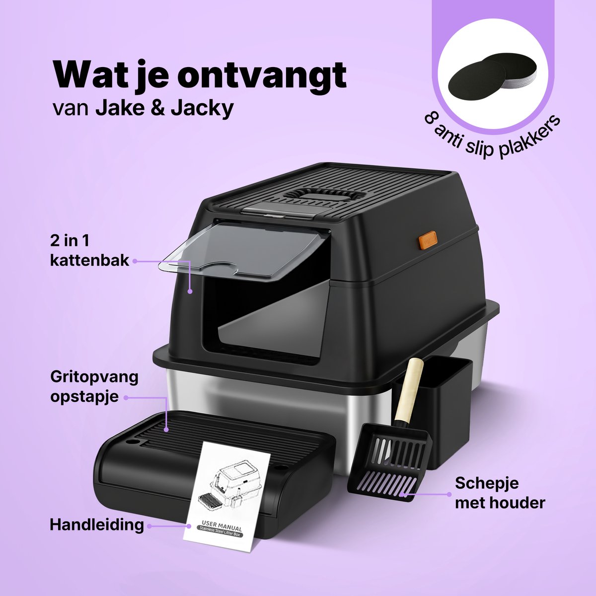 Miniatuur van productfoto 11 van Jake and Jacky RVS Kattenbak - Kattentoilet Roestvrijstaal - Incl. Kattenbakschep met Houder en Gritopvang Opstapje - 2 in 1 Open Kattenbak met Afneembare Deksel - 60x40x38cm - Zwart