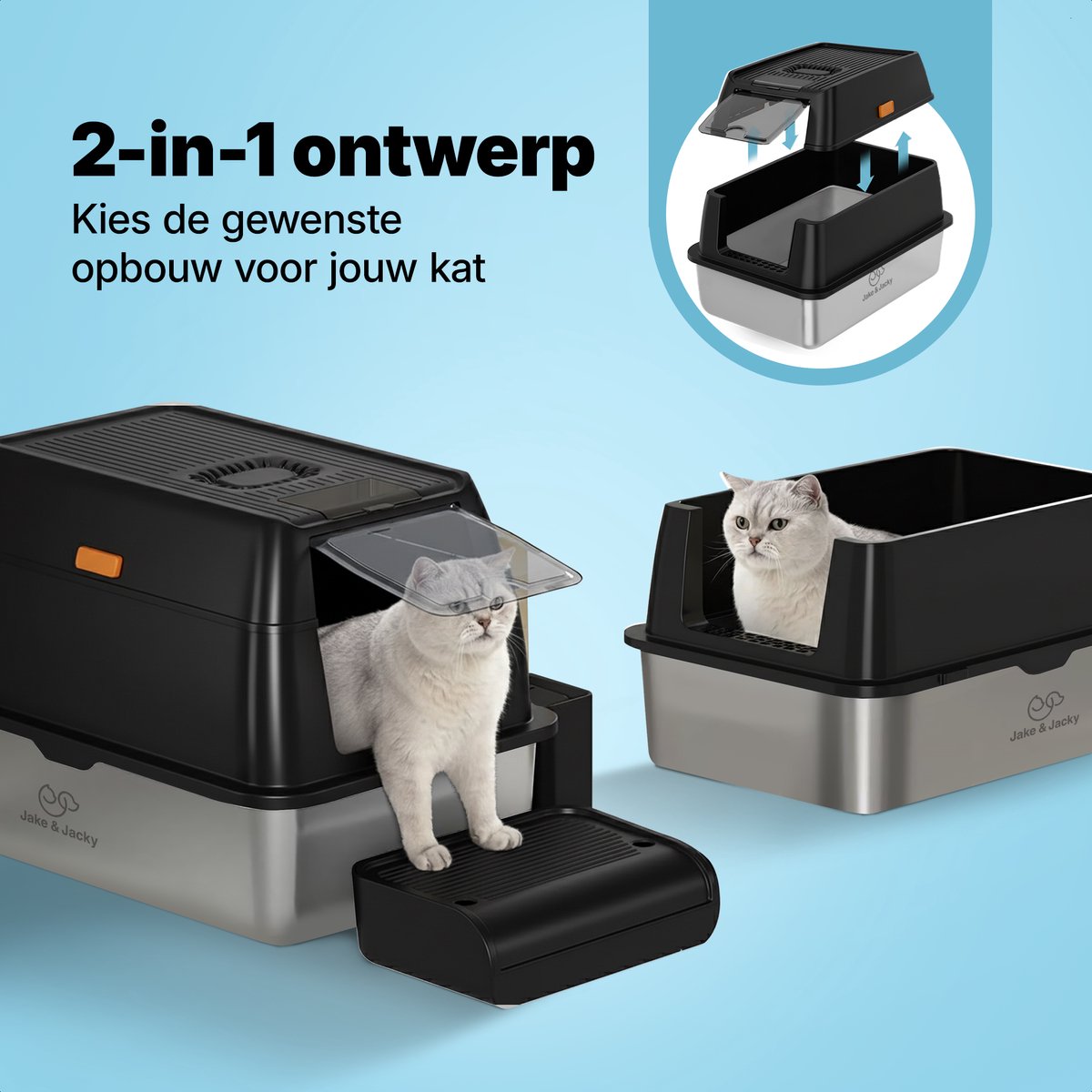 Miniatuur van productfoto 2 van Jake and Jacky RVS Kattenbak - Kattentoilet Roestvrijstaal - Incl. Kattenbakschep met Houder en Gritopvang Opstapje - 2 in 1 Open Kattenbak met Afneembare Deksel - 60x40x38cm - Zwart