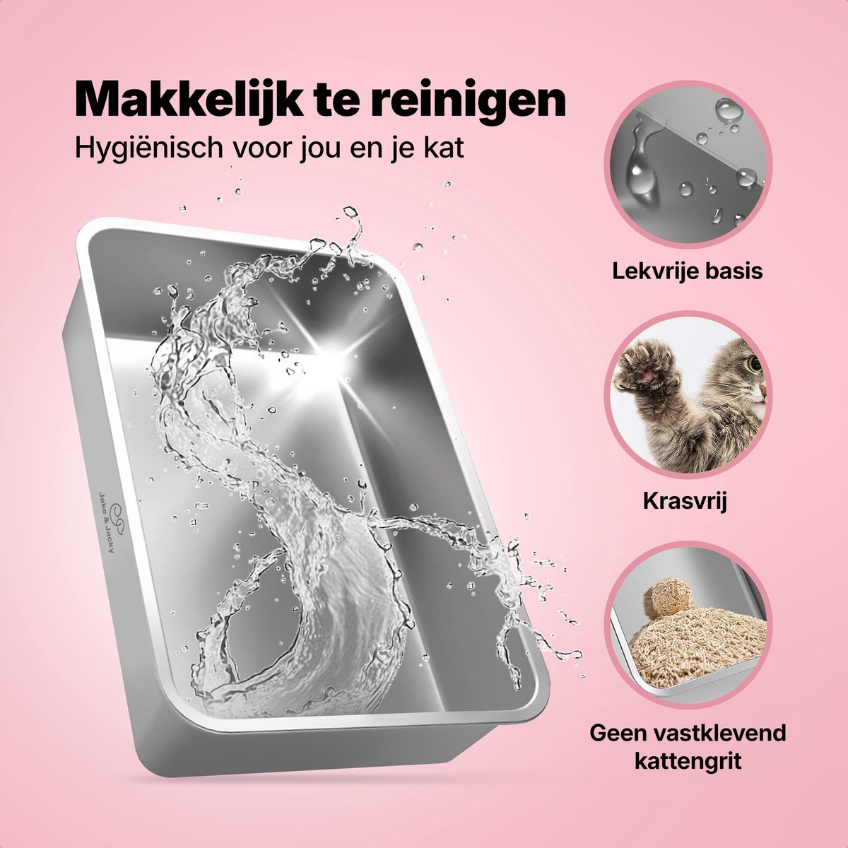 Miniatuur van productfoto 3 van Jake and Jacky RVS Kattenbak - Kattentoilet Roestvrijstaal - Incl. Kattenbakschep met Houder en Gritopvang Opstapje - 2 in 1 Open Kattenbak met Afneembare Deksel - 60x40x38cm - Zwart