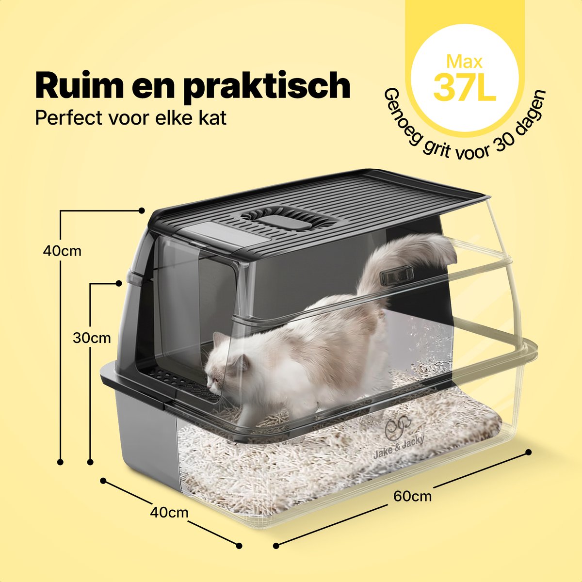 Miniatuur van productfoto 4 van Jake and Jacky RVS Kattenbak - Kattentoilet Roestvrijstaal - Incl. Kattenbakschep met Houder en Gritopvang Opstapje - 2 in 1 Open Kattenbak met Afneembare Deksel - 60x40x38cm - Zwart