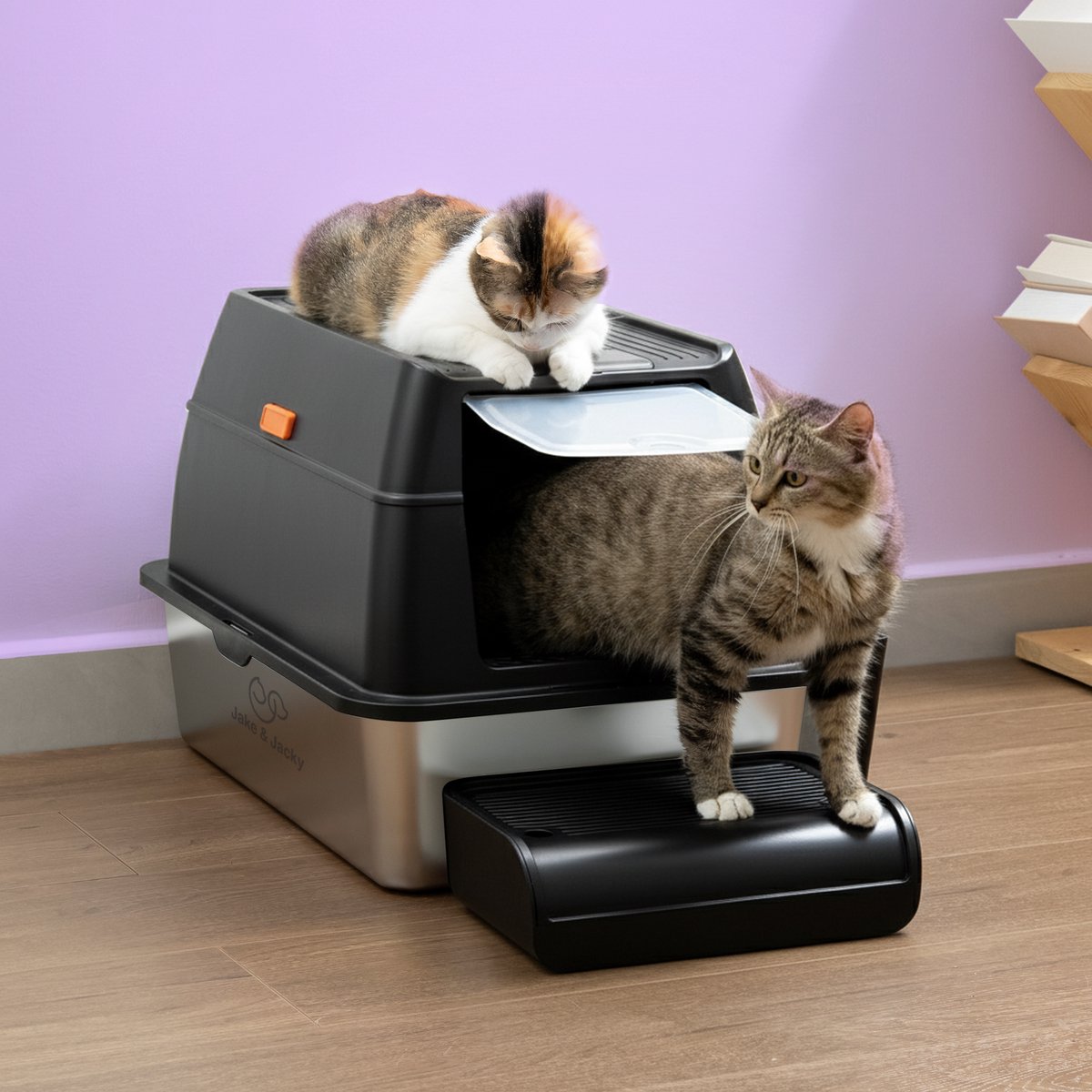 Miniatuur van productfoto 5 van Jake and Jacky RVS Kattenbak - Kattentoilet Roestvrijstaal - Incl. Kattenbakschep met Houder en Gritopvang Opstapje - 2 in 1 Open Kattenbak met Afneembare Deksel - 60x40x38cm - Zwart