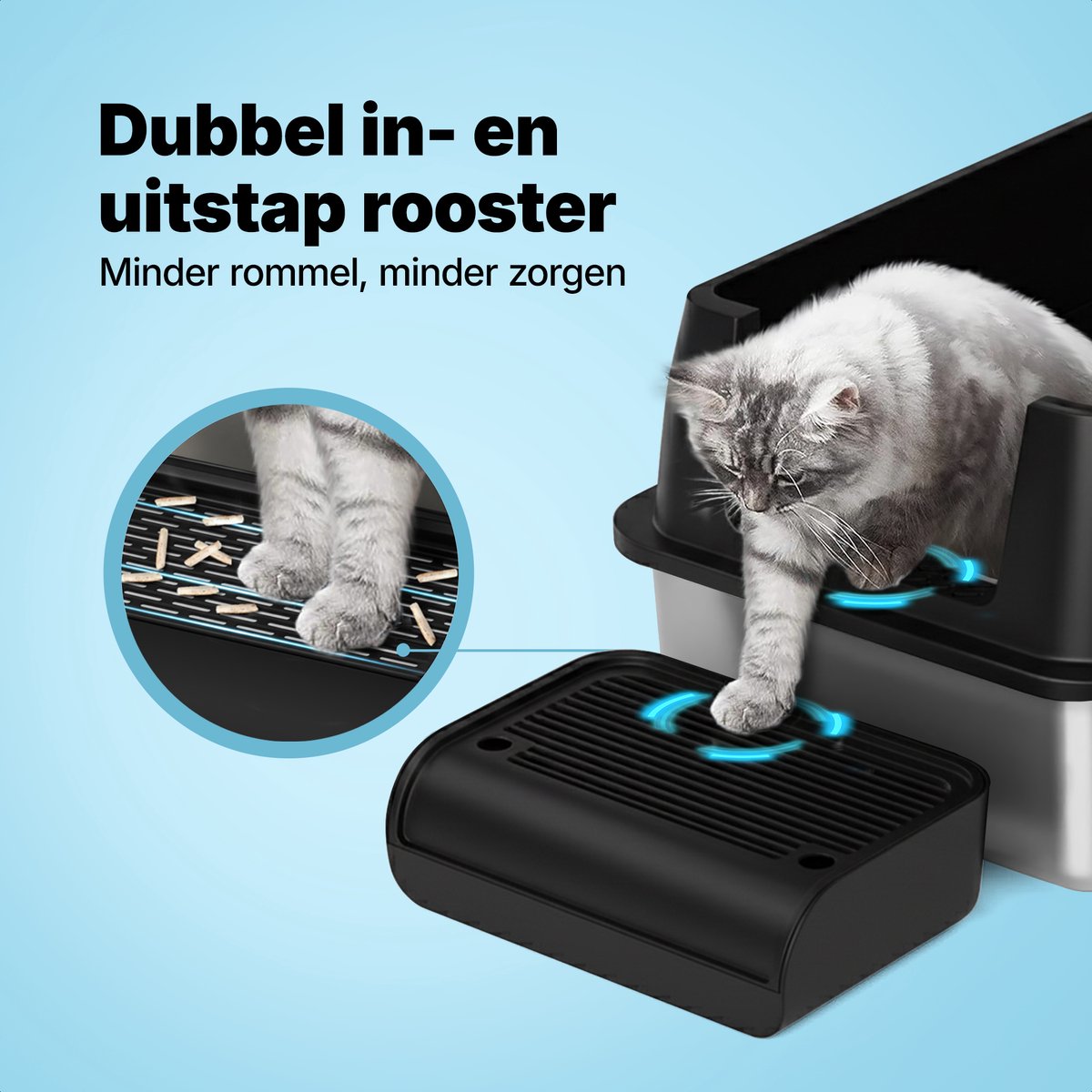Miniatuur van productfoto 8 van Jake and Jacky RVS Kattenbak - Kattentoilet Roestvrijstaal - Incl. Kattenbakschep met Houder en Gritopvang Opstapje - 2 in 1 Open Kattenbak met Afneembare Deksel - 60x40x38cm - Zwart