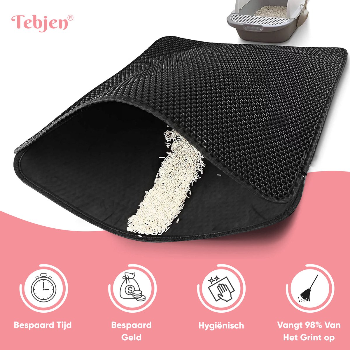 Miniatuur van productfoto 11 van TEBJEN Kattenbakmat – 40cm * 50cm - Kattenbak Mat Grit Opvanger - Schoonloop Katten mat – Dubbele Waterdichte Laag – Uitloopmat Kattenbak – Kattenbak Accessoires - Met Speelgoedmuisje En Schepje - Zwart