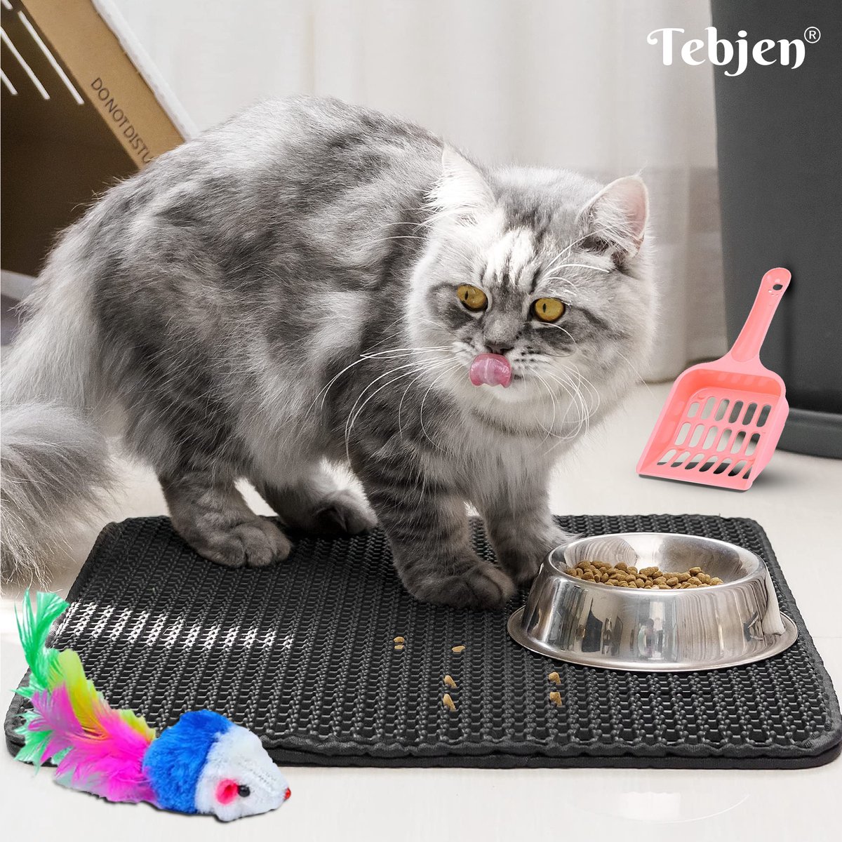 Miniatuur van productfoto 2 van TEBJEN Kattenbakmat – 40cm * 50cm - Kattenbak Mat Grit Opvanger - Schoonloop Katten mat – Dubbele Waterdichte Laag – Uitloopmat Kattenbak – Kattenbak Accessoires - Met Speelgoedmuisje En Schepje - Zwart