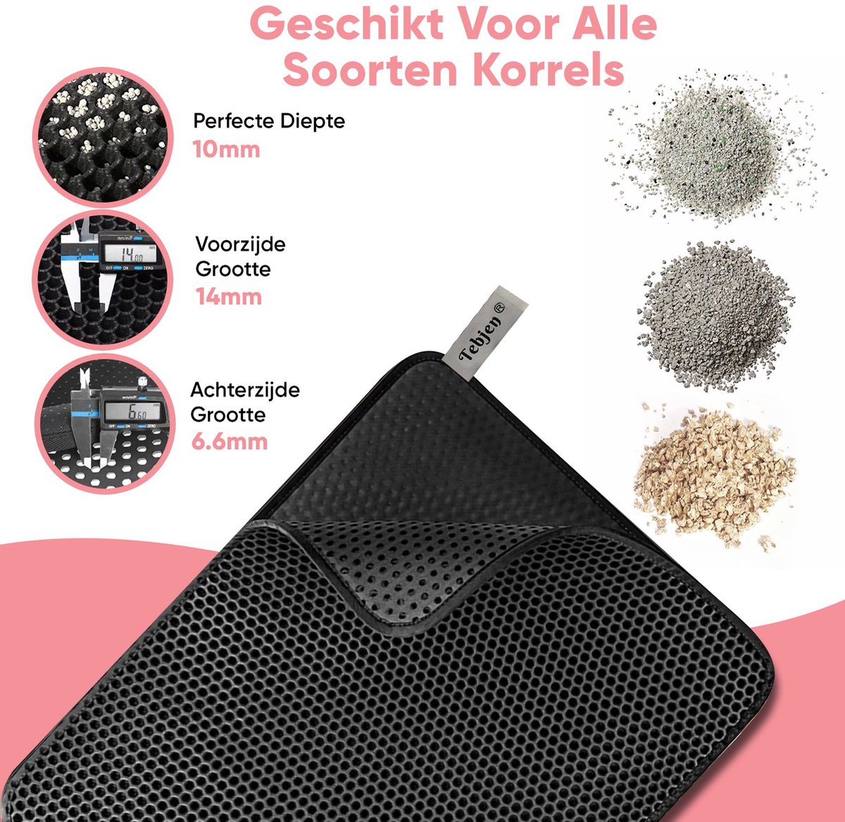 Miniatuur van productfoto 3 van TEBJEN Kattenbakmat – 40cm * 50cm - Kattenbak Mat Grit Opvanger - Schoonloop Katten mat – Dubbele Waterdichte Laag – Uitloopmat Kattenbak – Kattenbak Accessoires - Met Speelgoedmuisje En Schepje - Zwart