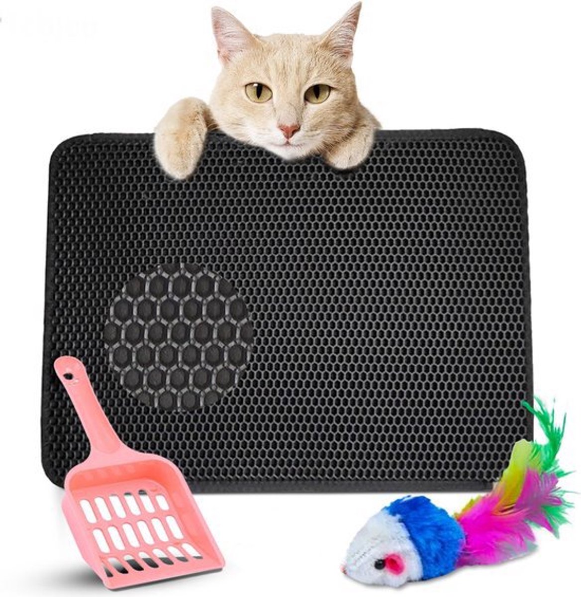 Miniatuur van productfoto 4 van TEBJEN Kattenbakmat – 40cm * 50cm - Kattenbak Mat Grit Opvanger - Schoonloop Katten mat – Dubbele Waterdichte Laag – Uitloopmat Kattenbak – Kattenbak Accessoires - Met Speelgoedmuisje En Schepje - Zwart