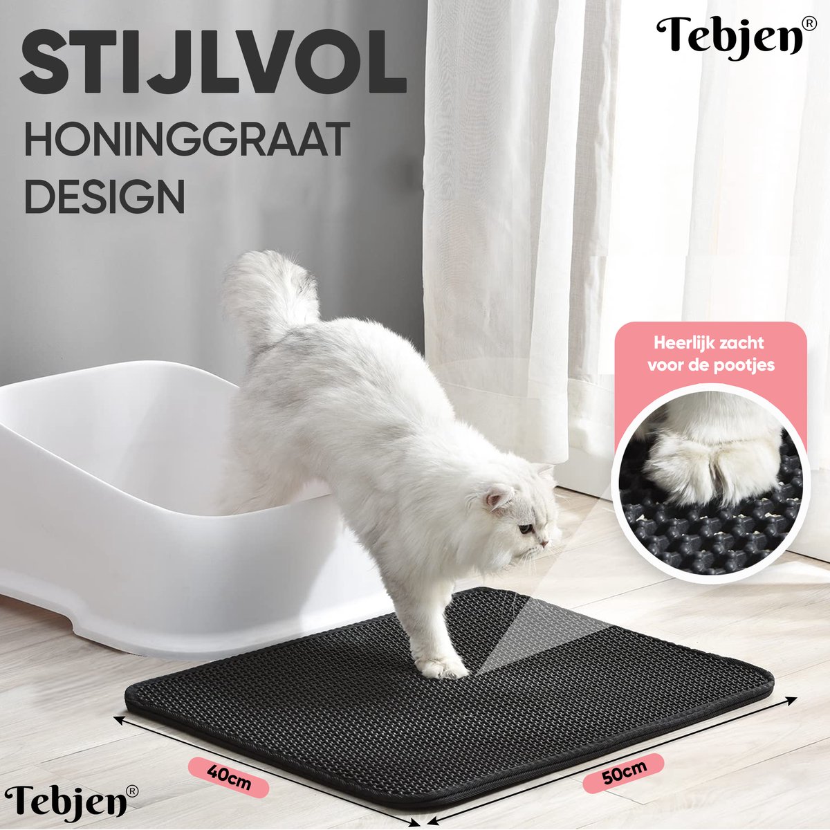 Miniatuur van productfoto 5 van TEBJEN Kattenbakmat – 40cm * 50cm - Kattenbak Mat Grit Opvanger - Schoonloop Katten mat – Dubbele Waterdichte Laag – Uitloopmat Kattenbak – Kattenbak Accessoires - Met Speelgoedmuisje En Schepje - Zwart