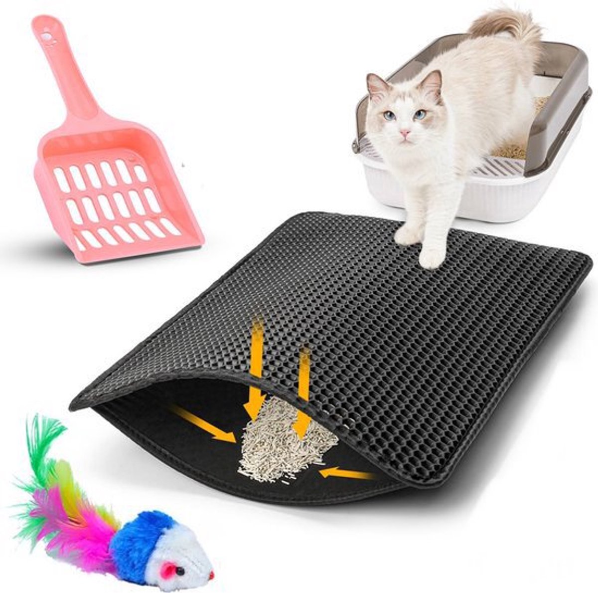 Miniatuur van productfoto 3 van TEBJEN XXL Kattenbakmat - 55cm * 75cm - Met Speelgoedmuisje En Schepje - Schoonloopmat Kattenbak – Katten Grit Opvanger – Dubbele Waterdichte Laag – Uitloopmat Kattenbak – Kattenverzorging – Kattenbak Accessoires - Kat Benodigdheden - Zwart