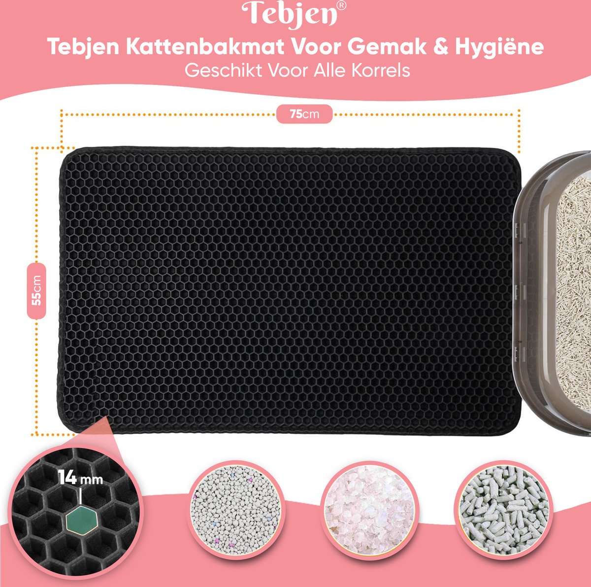 Miniatuur van productfoto 4 van TEBJEN XXL Kattenbakmat - 55cm * 75cm - Met Speelgoedmuisje En Schepje - Schoonloopmat Kattenbak – Katten Grit Opvanger – Dubbele Waterdichte Laag – Uitloopmat Kattenbak – Kattenverzorging – Kattenbak Accessoires - Kat Benodigdheden - Zwart
