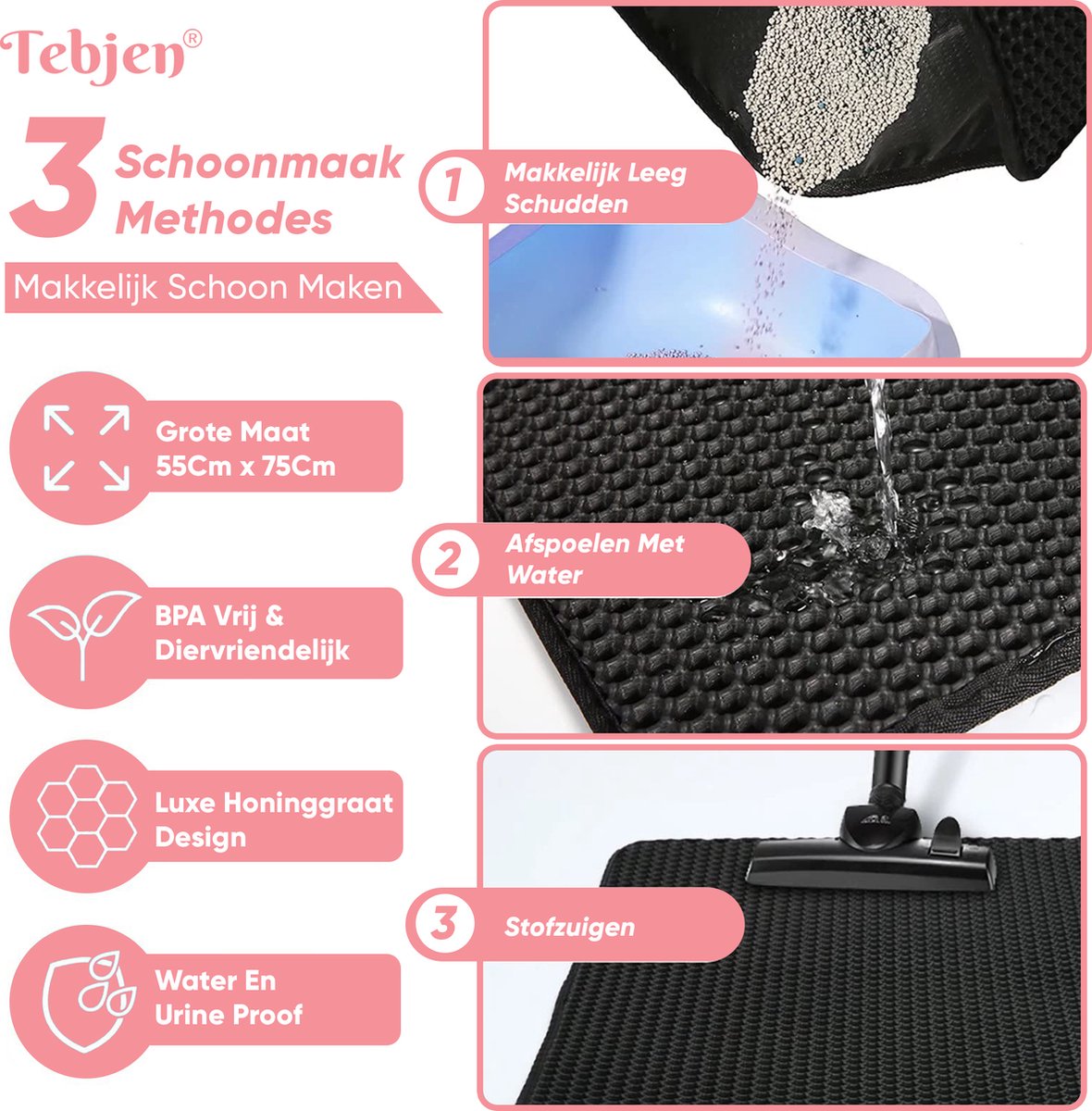 Miniatuur van productfoto 6 van TEBJEN XXL Kattenbakmat - 55cm * 75cm - Met Speelgoedmuisje En Schepje - Schoonloopmat Kattenbak – Katten Grit Opvanger – Dubbele Waterdichte Laag – Uitloopmat Kattenbak – Kattenverzorging – Kattenbak Accessoires - Kat Benodigdheden - Zwart