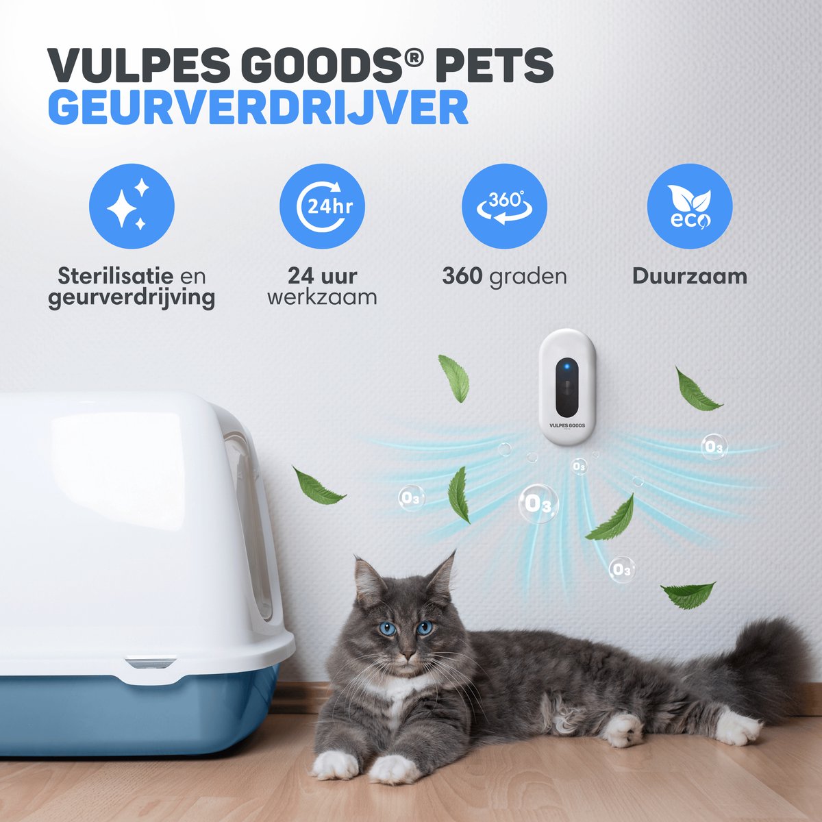 Miniatuur van productfoto 3 van Vulpes Goods® Pets - Kattenbak Geurverdrijver - Kattengeurverwijderaar - Actieve zuurstof, ozon & ionen - Oplaadbaar - Air Eliminator - Wit - PRO versie
