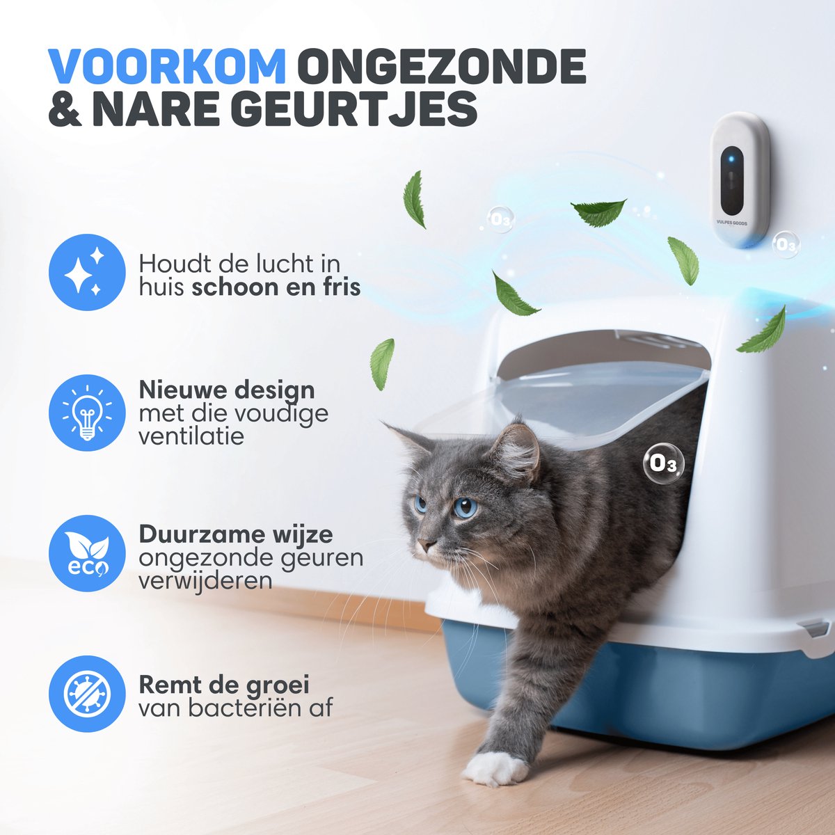 Miniatuur van productfoto 5 van Vulpes Goods® Pets - Kattenbak Geurverdrijver - Kattengeurverwijderaar - Actieve zuurstof, ozon & ionen - Oplaadbaar - Air Eliminator - Wit - PRO versie